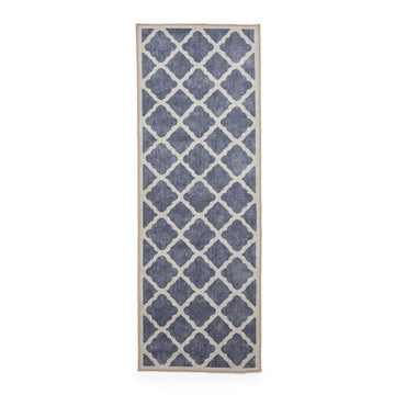 Washable Coral H1063 Modern Distressed Geometric Lattice Textured Recycled Lightweight Printed Polyester Flatweave Blue Runner-Think Rugs-Rug Love - The Most Loved Rug Store